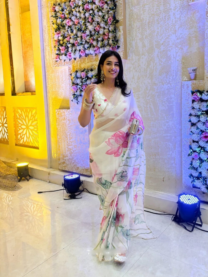 White Color Organza Pink Lotus Floral Prints Ready To Wear Saree With Stitched Blouse