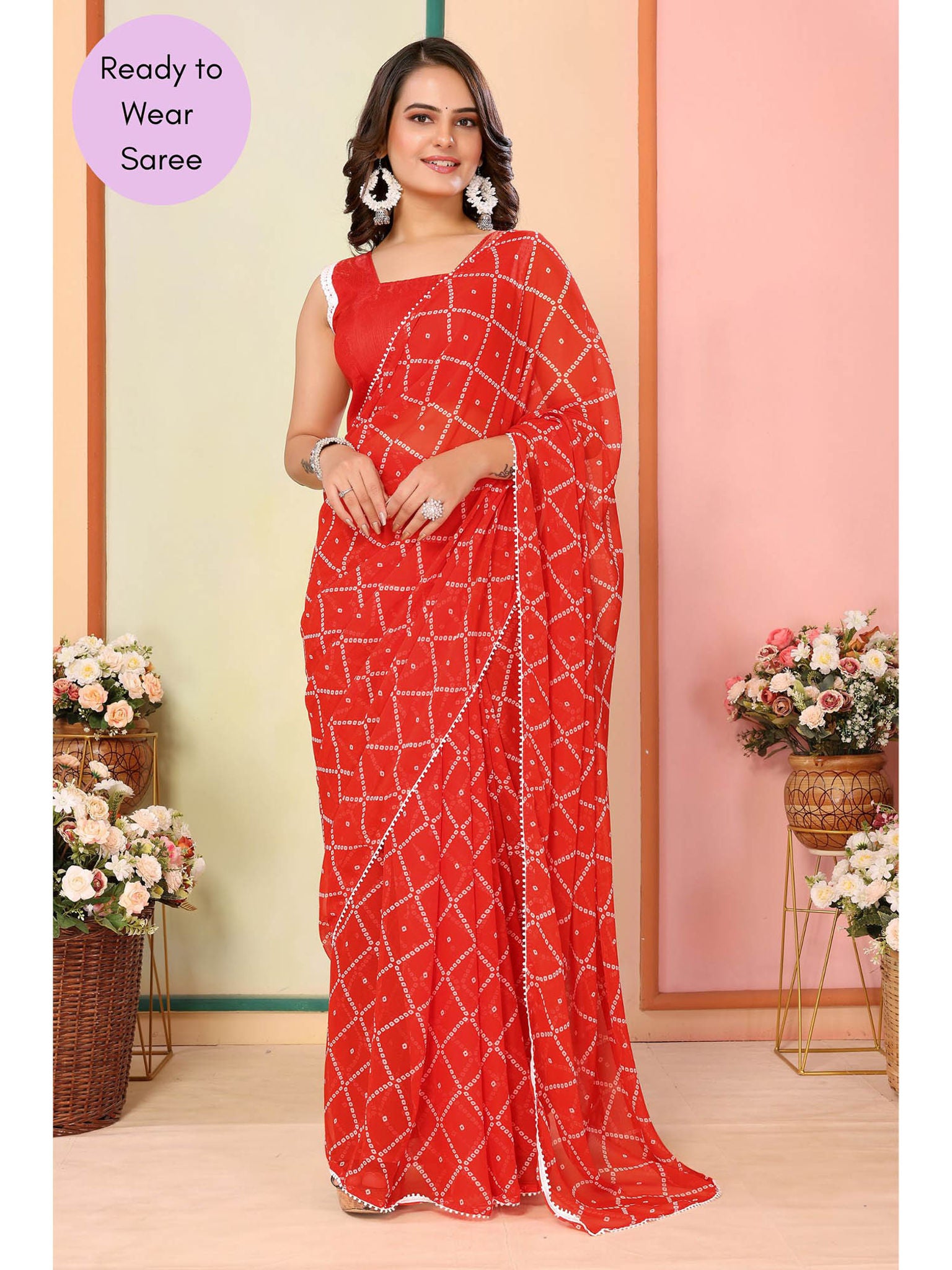 Vibrant Orange Bandhani Ready To Wear Georgette Saree with Unstitched Blouse Piece