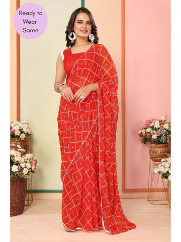 Vibrant Orange Bandhani Ready To Wear Georgette Saree with Unstitched Blouse Piece