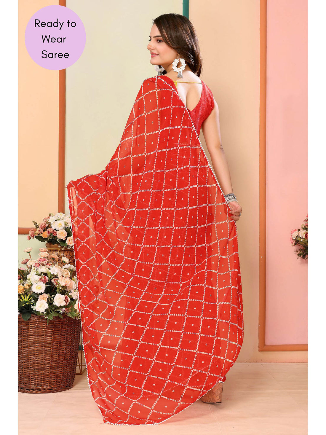 Vibrant Orange Bandhani Ready To Wear Georgette Saree with Unstitched Blouse Piece