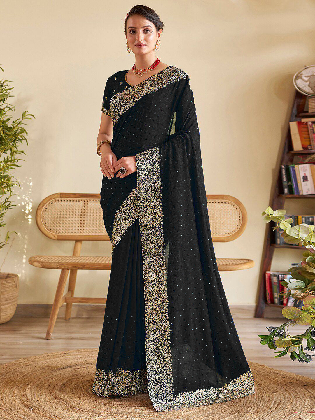 Black Chinon Party Wear Saree with Heavy Embroidery & Swarovski Stone Work
