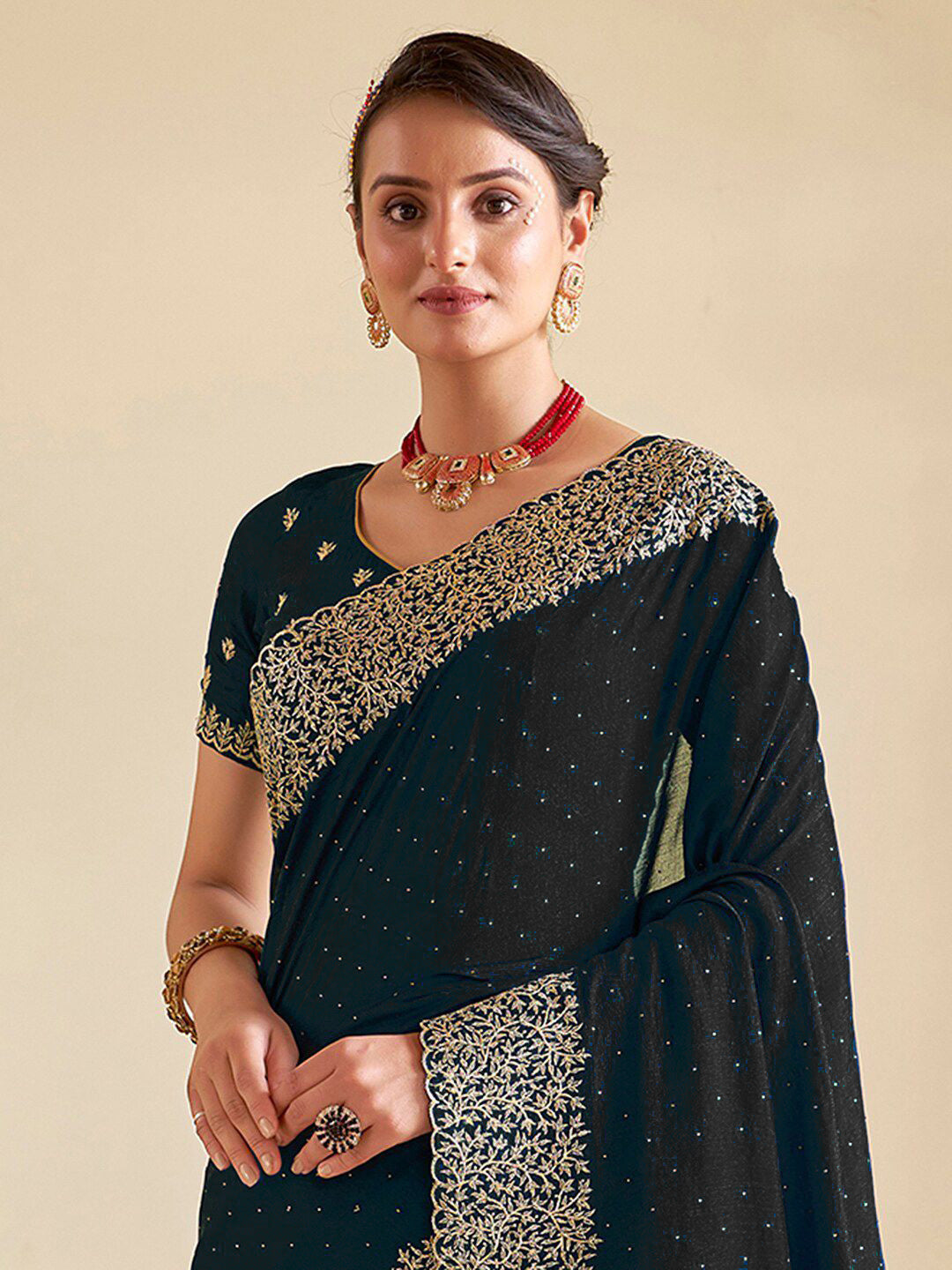 Black Chinon Party Wear Saree with Heavy Embroidery & Swarovski Stone Work