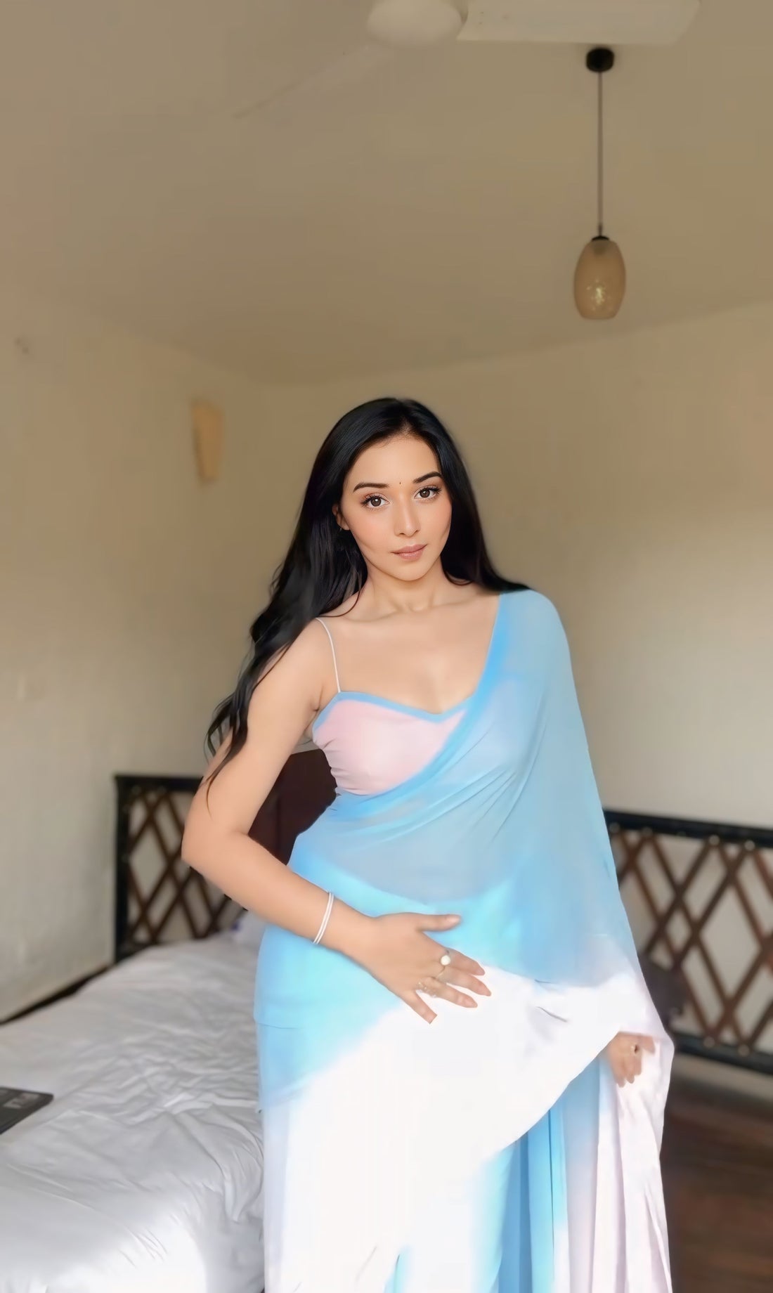 Pastel Blue And Pink Georgette Vibrant Pastel Blue And Pink Ready To Wear Saree With Designer Unstitched Blouse