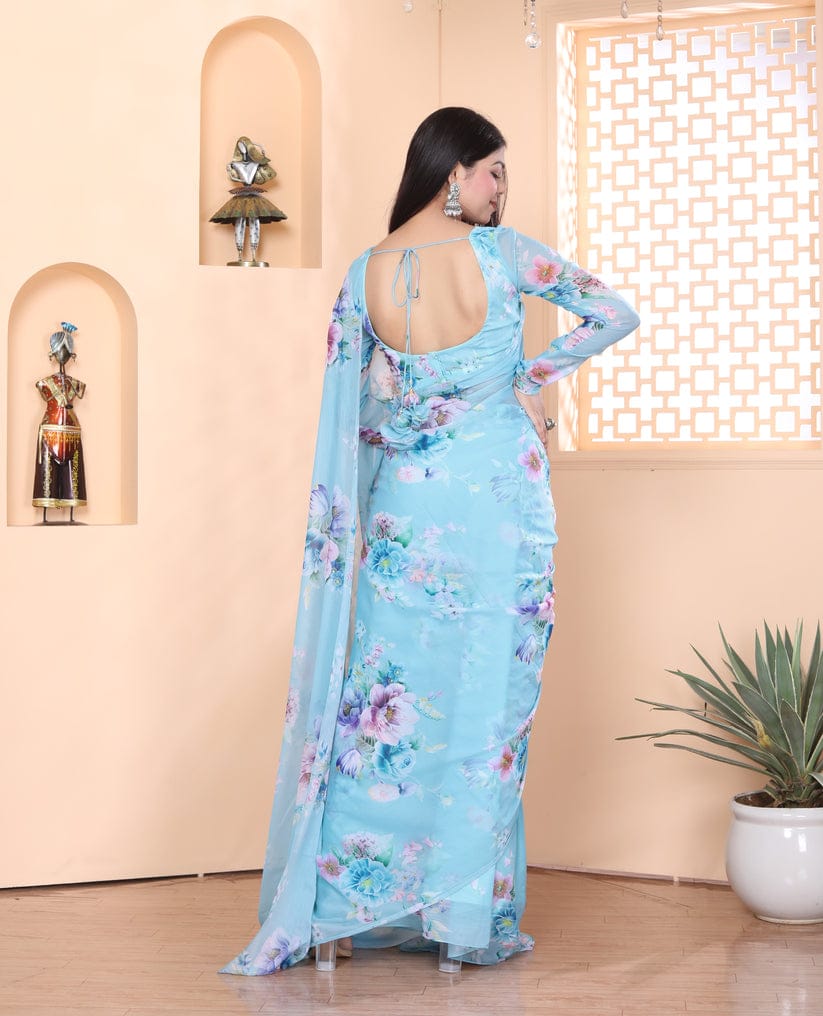 Sky Blue And Multi-color Floral Prints Georgette Ready To Wear Saree With Unstitched Blouse