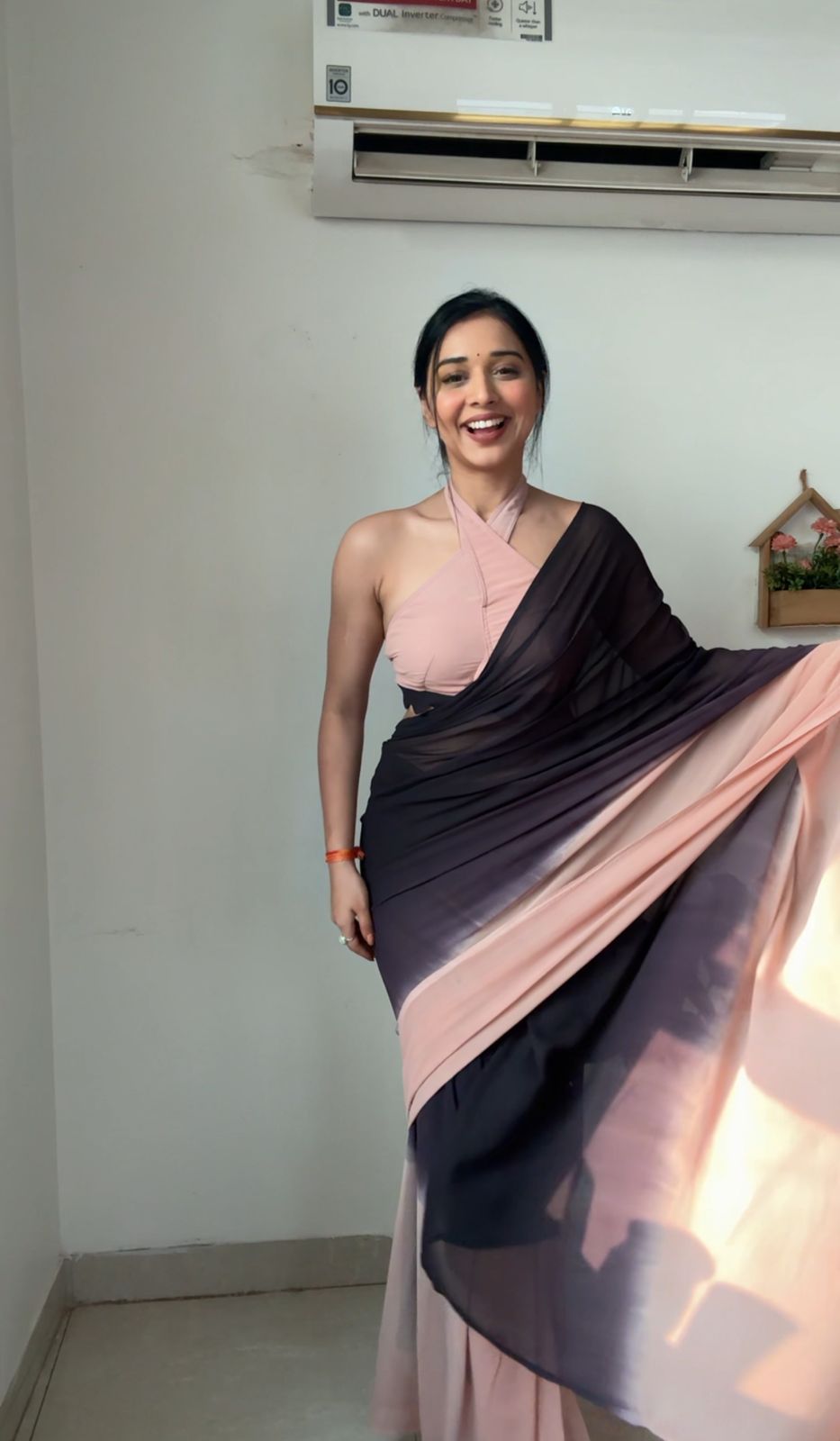 Peach And Black Omber paint Georgette Ready To Wear Saree With Unstitched Blouse