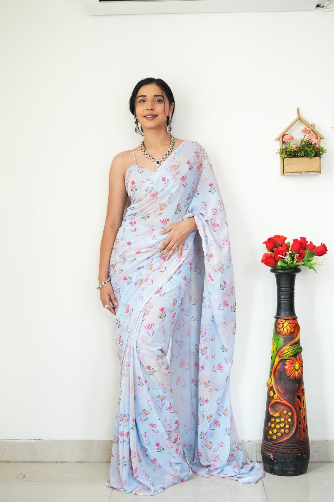 Light Blue With Multicolor Floral And Fan Motifs Georgette Ready To Wear Saree With Unstitched Blouse
