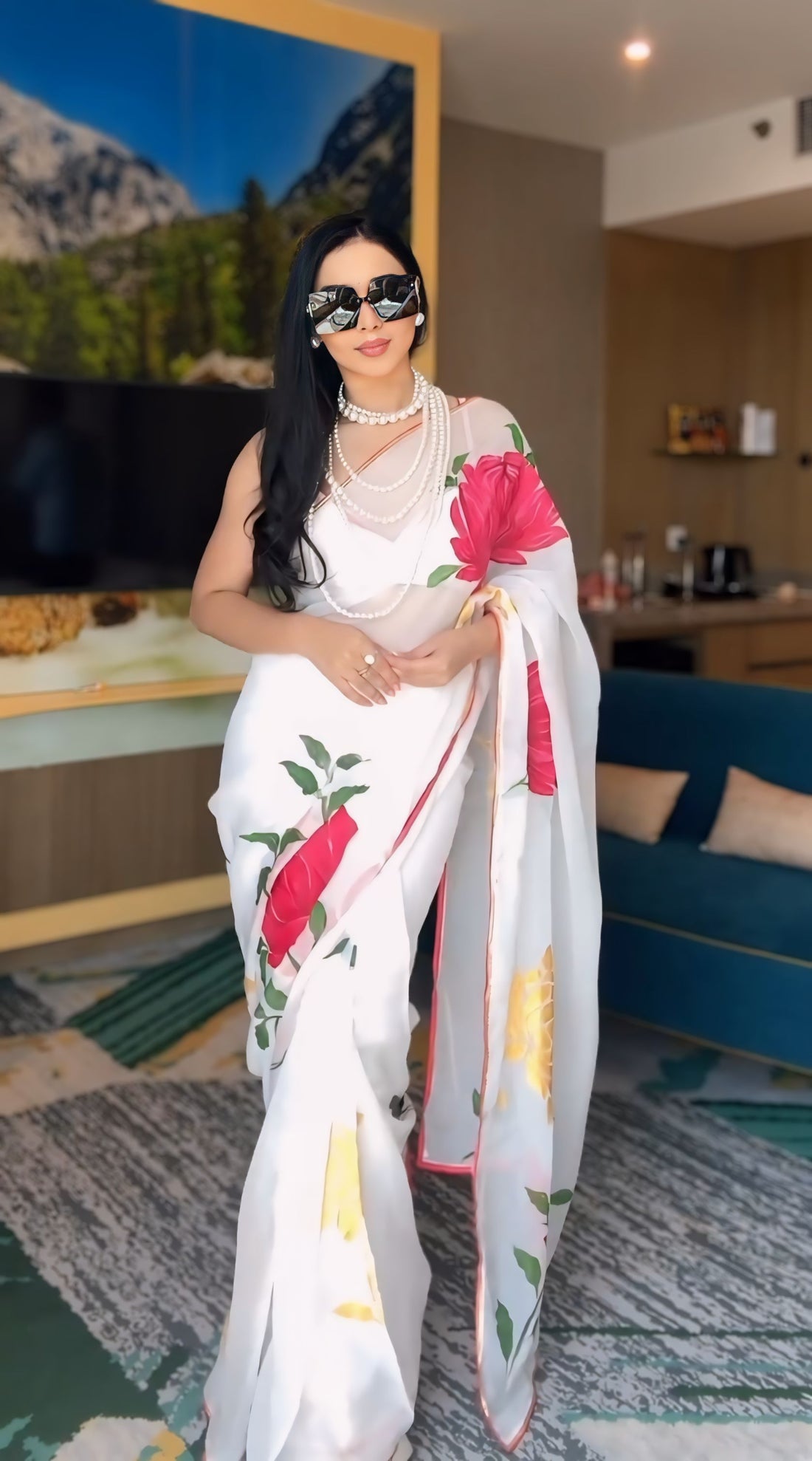 White Shade, Adorned With Large Red And Yellow Floral Prints Georgette Ready To Wear Saree With Unstitched Blouse