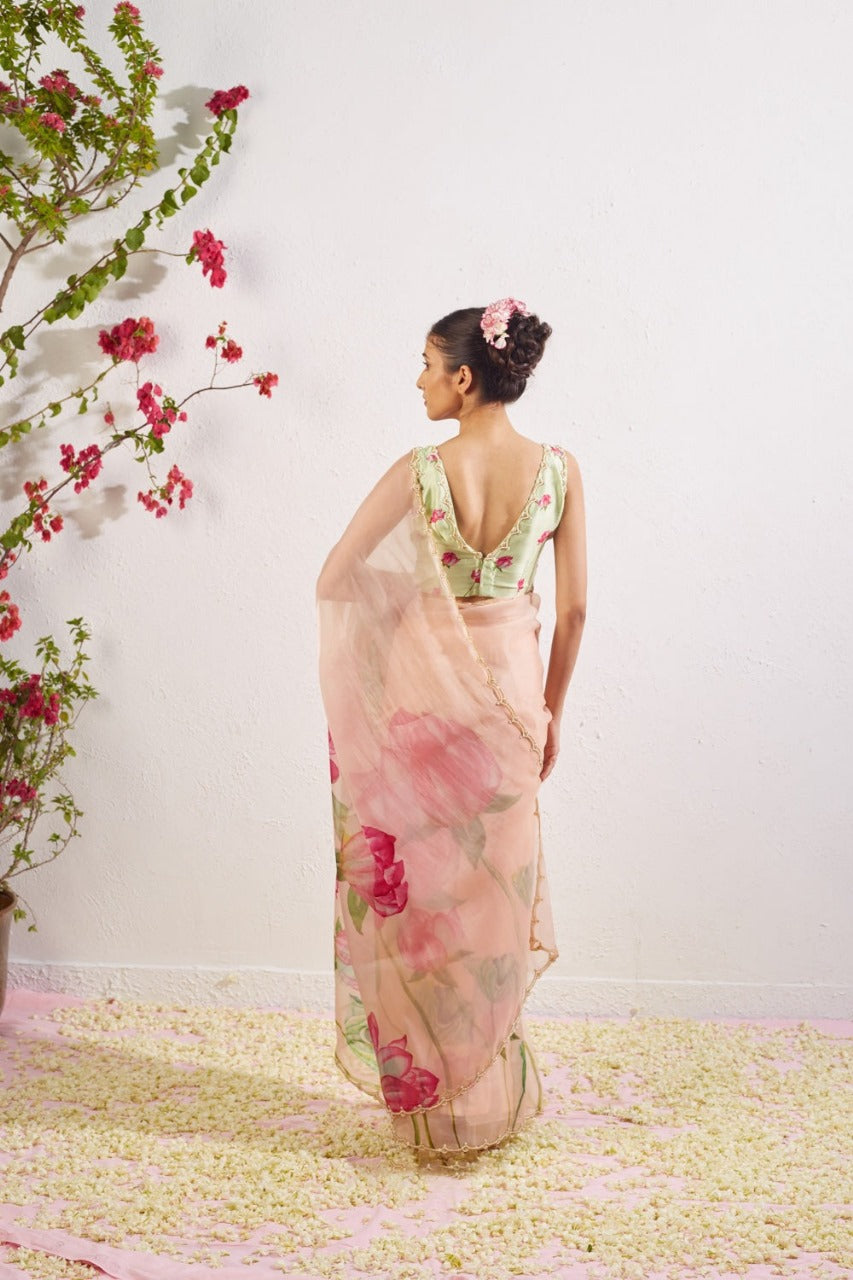 Peach Color Organza Vibrant Lotus Floral Prints Ready To Wear Saree With Stitched Blouse