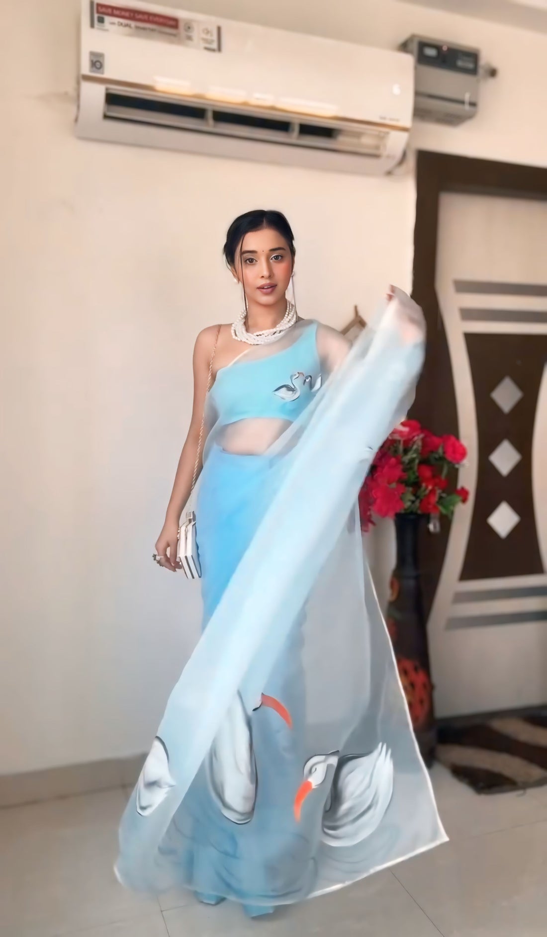 Sky Blue Organza Saree With Hand-painted Swans Ready To Wear Saree With Designer Unstitched Blouse