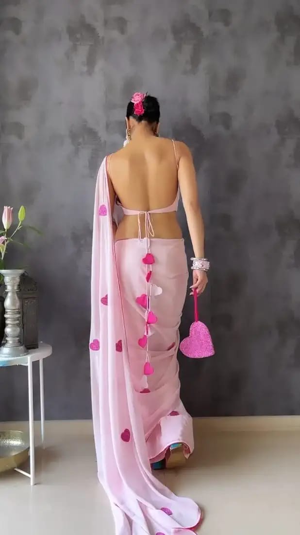 Pink Heart Embellishments Georgette Ready To Wear Saree With Unstitched Blouse