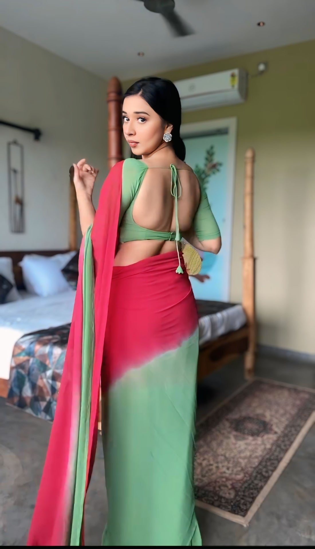 Pink And Leaf Green Georgette Soft Ombre Effect Ready To Wear Saree With Unstitched Blouse