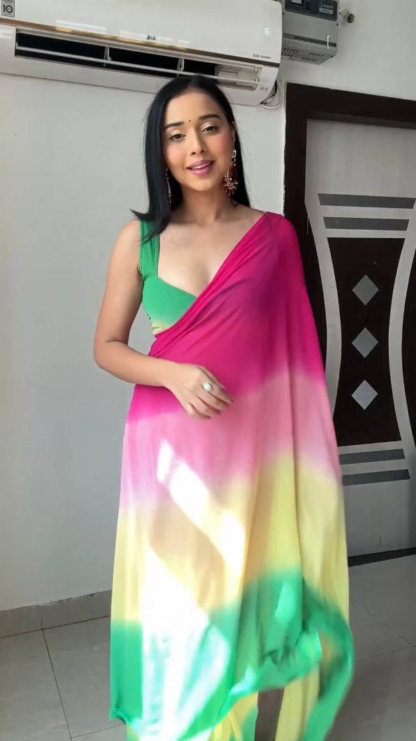 Pink, Yellow, And Green Omber Pattern Georgette Ready To Wear Saree With Unstitched Blouse