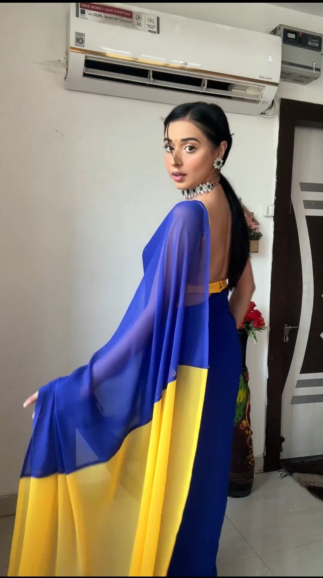 Royal Blue And Yellow Omber Pattern Georgette Ready To Wear Saree With Unstitched Blouse