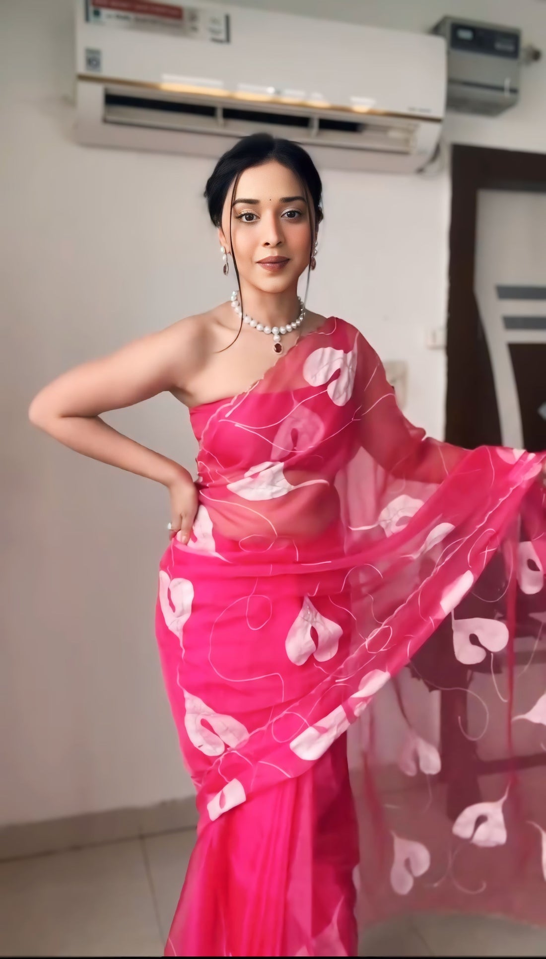 Pink White Abstract Floral Print Ready To Wear Saree With Designer Unstitched Blouse