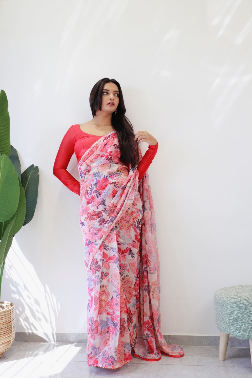 Light Pink And Multicolor Floral And Paisley Print Georgette Ready To Wear Saree With Unstitched Blouse