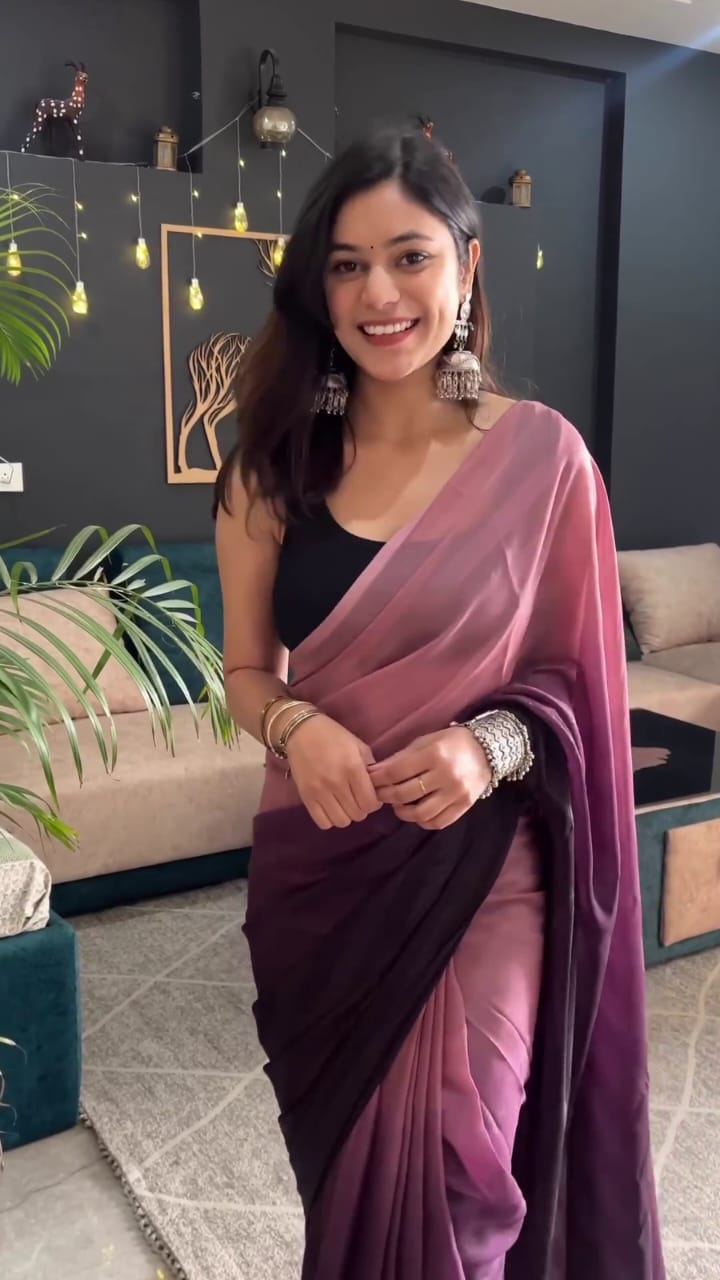 Pink And Purple Color Ombre Saree,Flowy Drape Georgette Ready To Wear Saree With Unstitched Blouse