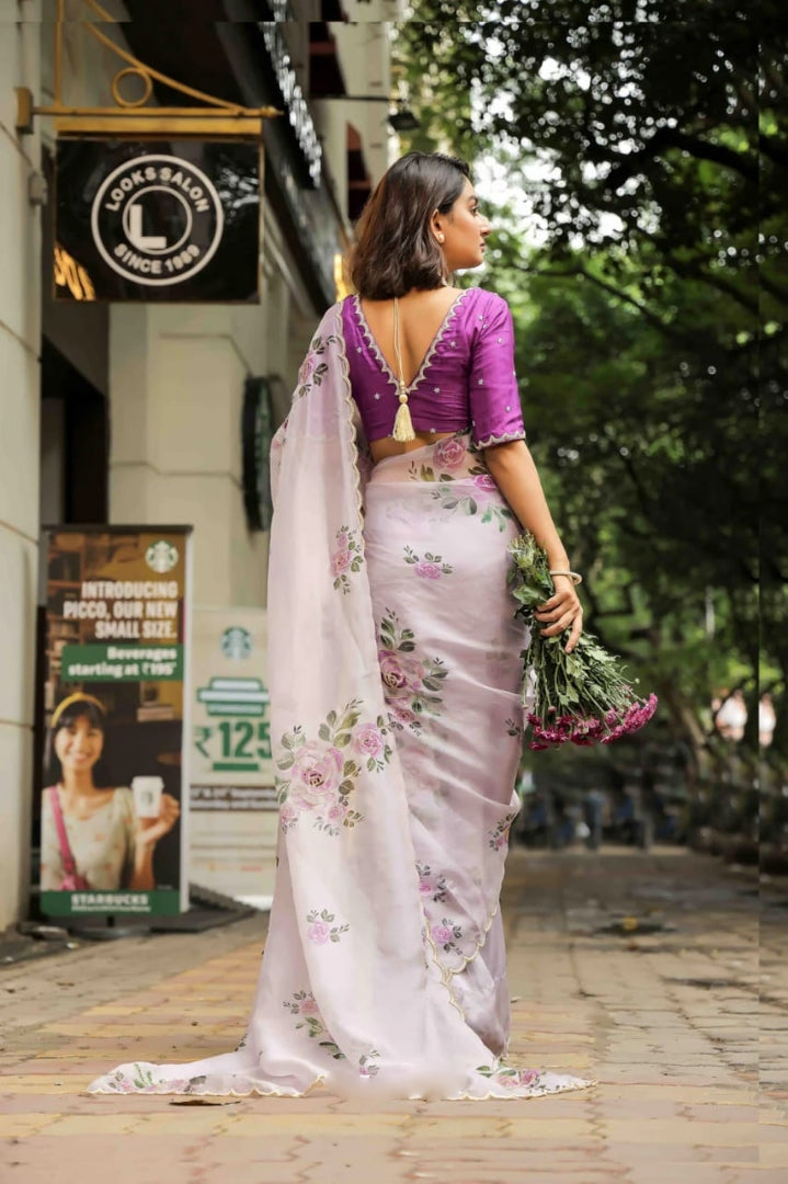 Lavender Color Organza Saree Botanical Print Scalloped Golden Border Design Ready To Wear Saree With Stitched Blouse