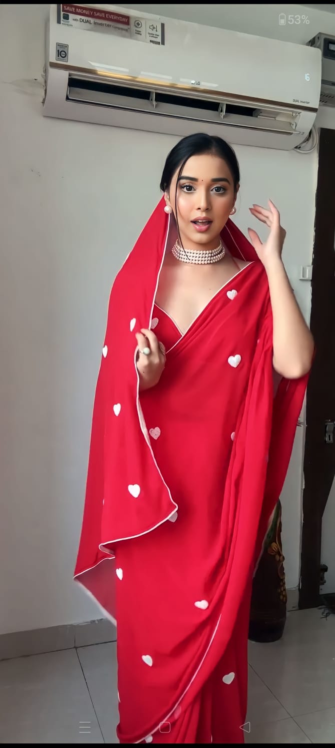 Vibrant Red Small White Heart Motifs Georgette Ready To Wear Saree With Unstitched Blouse