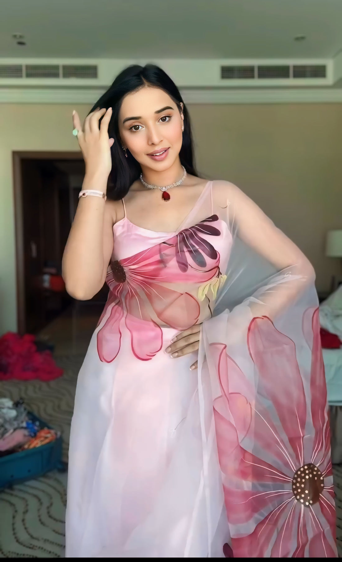 Pastel Pink Shade Hand-painted Floral Prints Organza Ready To Wear Saree With Unstitched Blouse