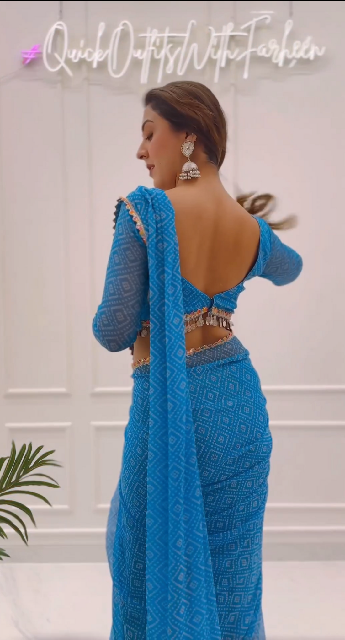 Blue Georgette Bandhani-style Geometric Print Ready To Wear Saree With Unstitched Blouse