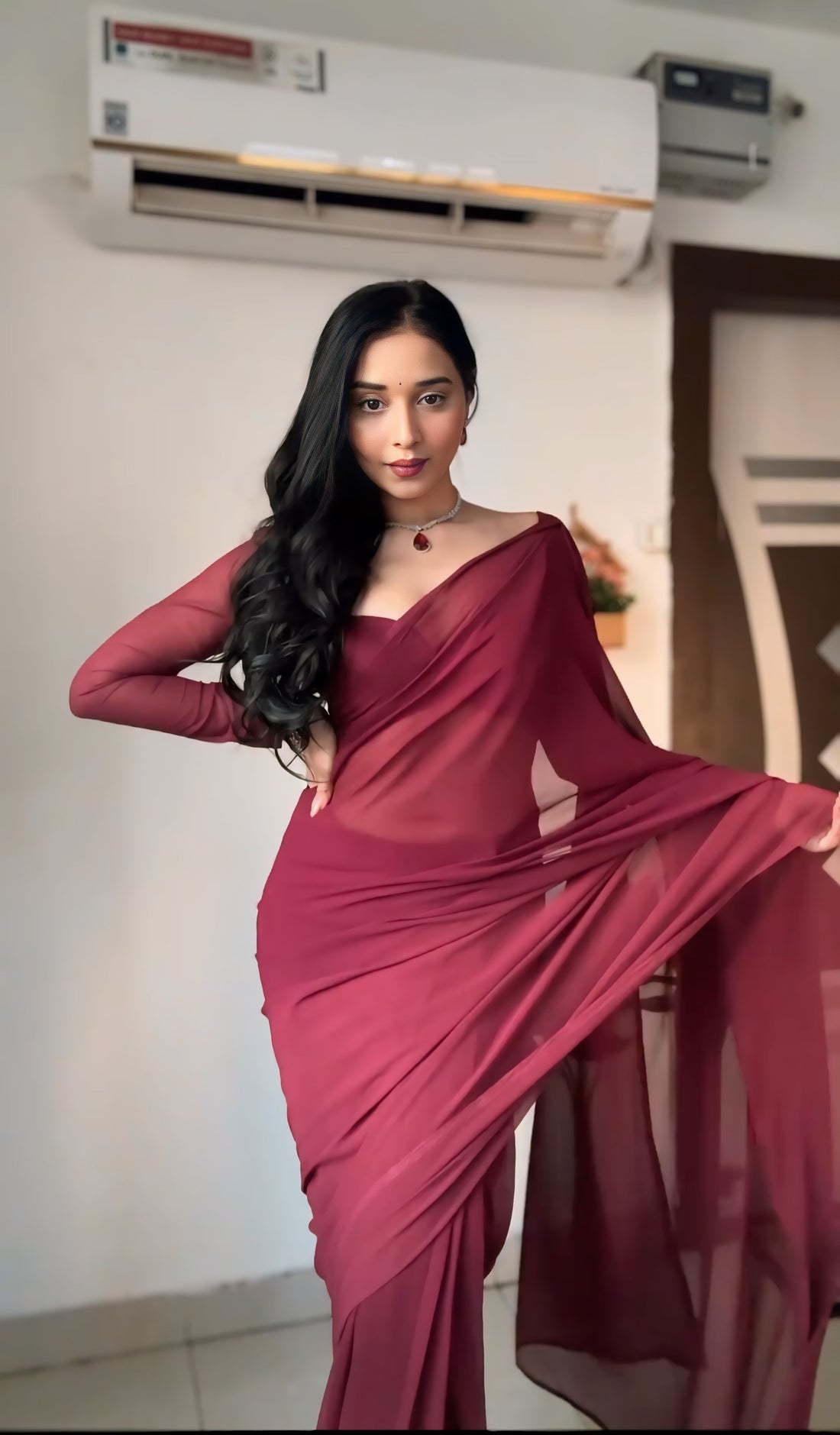 Wine Color, Plain Elegant  Georgette Ready To Wear Saree With Unstitched Blouse