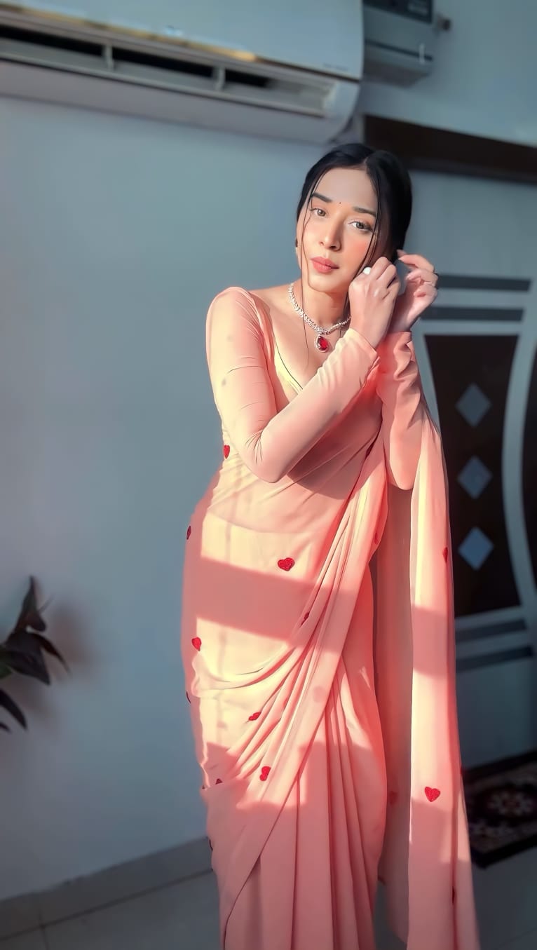 Peach Heart Small Red Heart Motifs Georgette Ready To Wear Saree With Unstitched Blouse