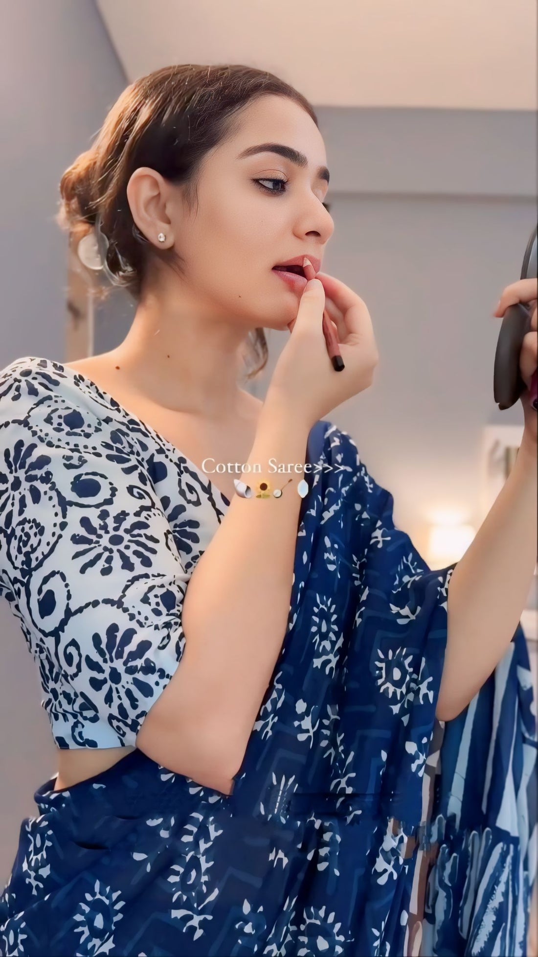 Navy Blue White Handblock-style Prints Linen Silk Ready To Wear Saree With Unstitched Blouse