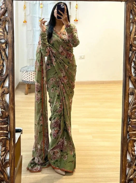 Pastel Green Shade And Pink And Maroon Floral Prints Georgette Ready To Wear Saree With Unstitched Blouse