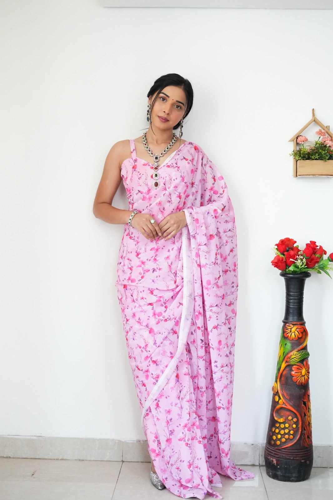 Pastel Pink Features A Delicate Floral Print Georgette Ready To Wear Saree With Unstitched Blouse