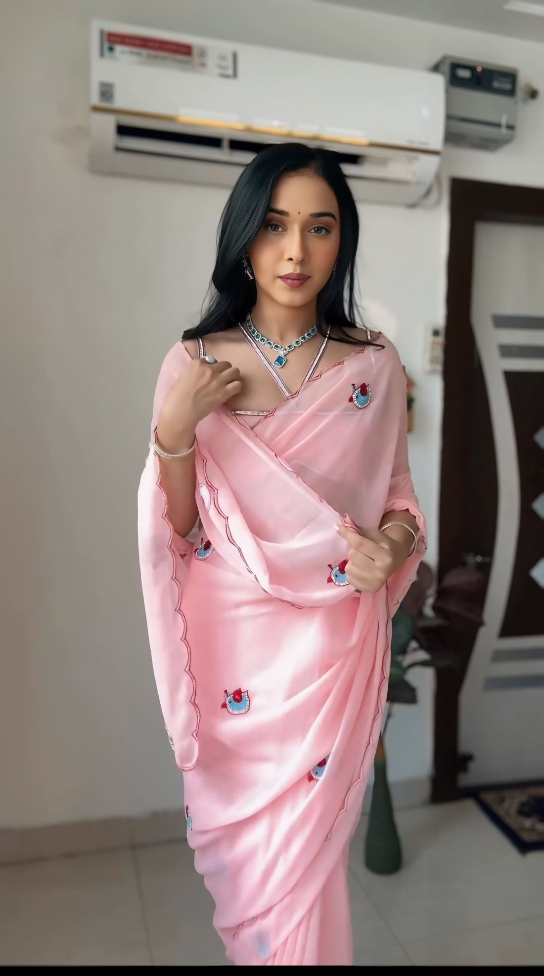 Light Pink White Embroidered Motifs Georgette Ready To Wear Saree With Unstitched Blouse