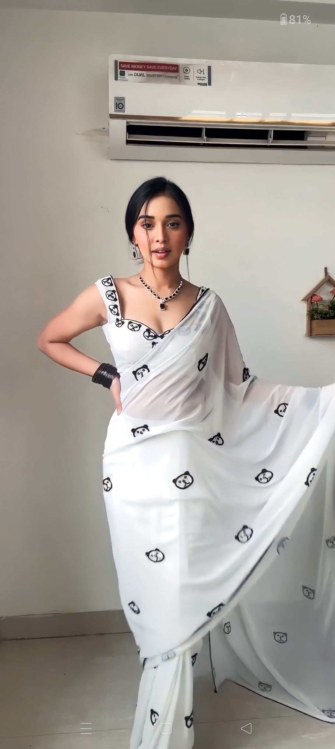 White Georgette Saree Cute Black Embroidered Bear Faces Ready To Wear Saree With Unstitched Blouse