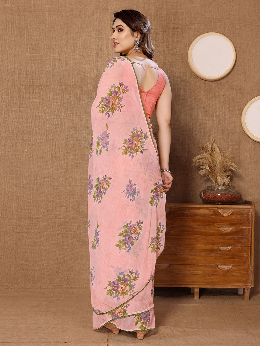 Peach-pink Floral Print Georgette Ready To Wear Saree With Unstitched Blouse