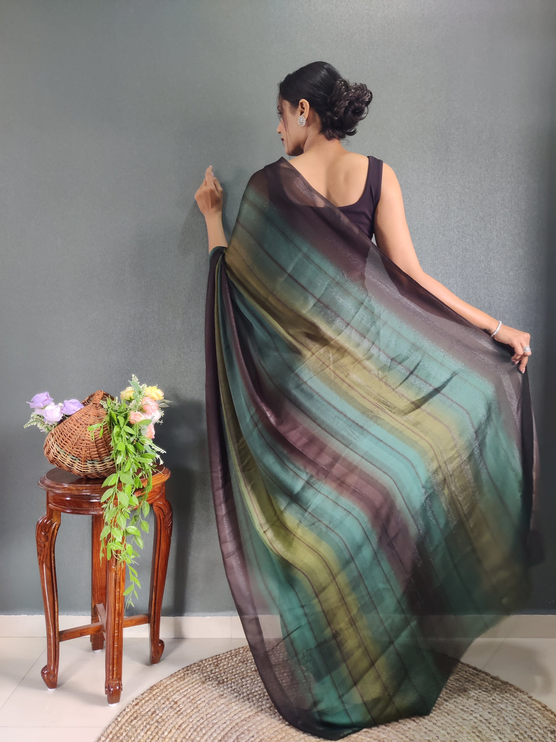 Forest Green, Olive, And Deep Brown Georgette Soft Ombre Pattern Ready To Wear Saree With Unstitched Blouse