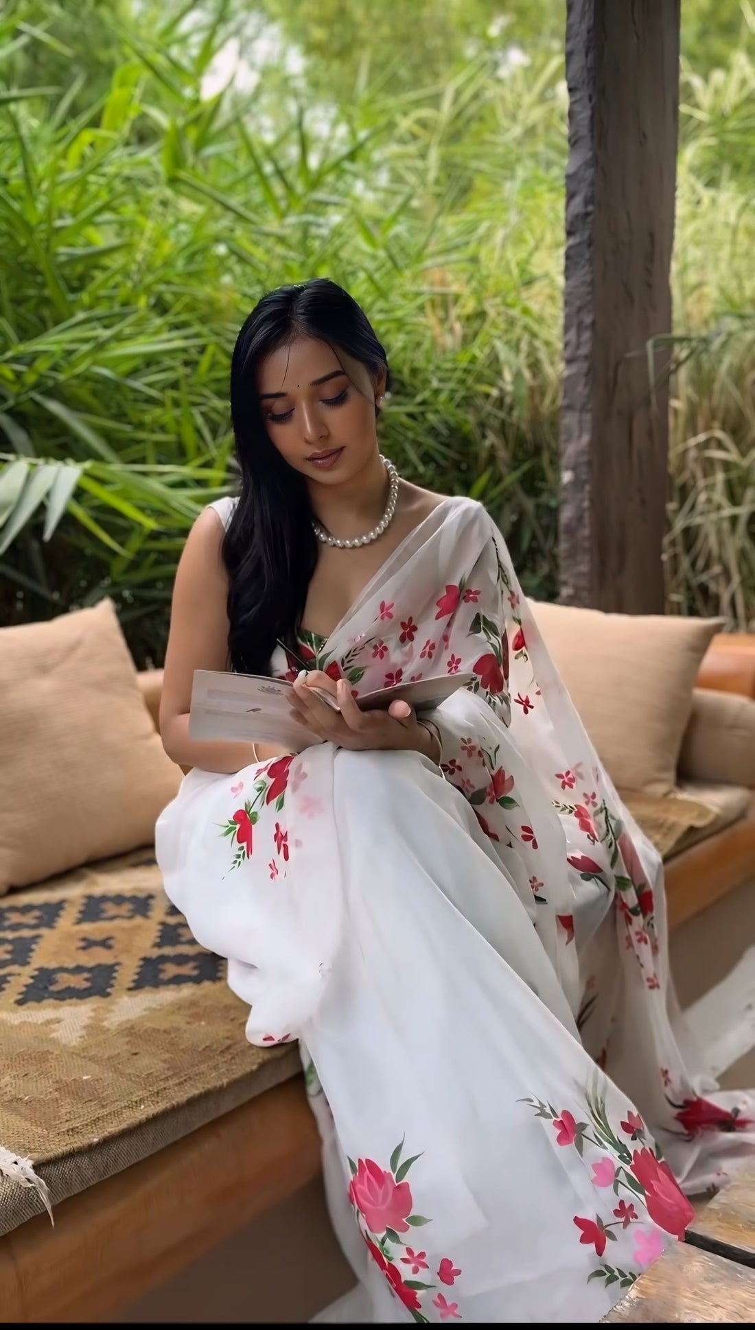 White Red And Pink Floral Prints Organza Ready To Wear Saree With Unstitched Blouse
