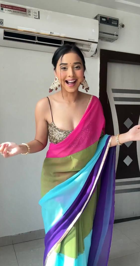Pink, Olive Green, Aqua Blue, And Purple Omber Pattern Georgette Ready To Wear Saree With Unstitched Blouse