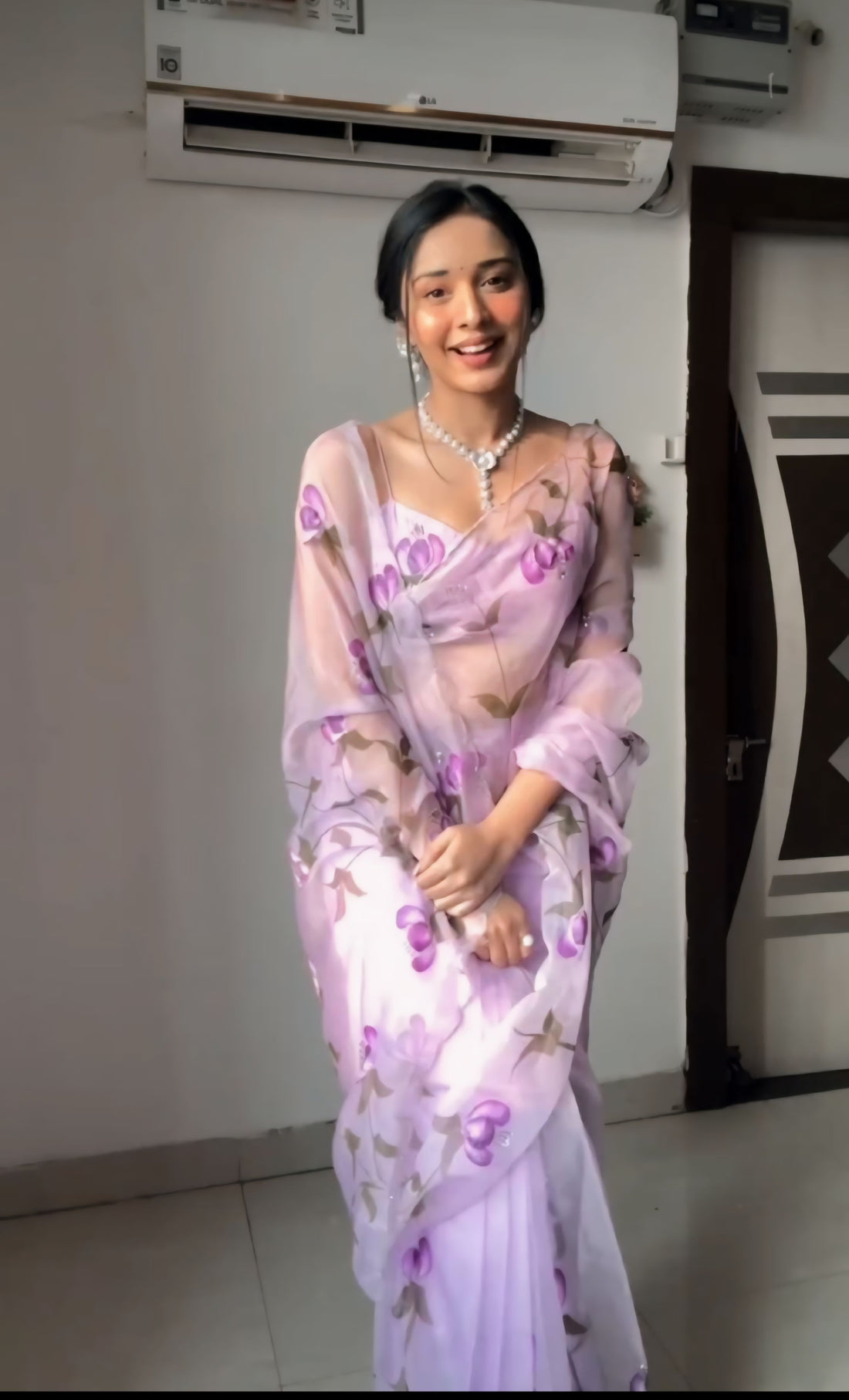 Pastel Lavender Shade With Delicate Purple Floral Prints Organza Ready To Wear Saree With Unstitched Blouse