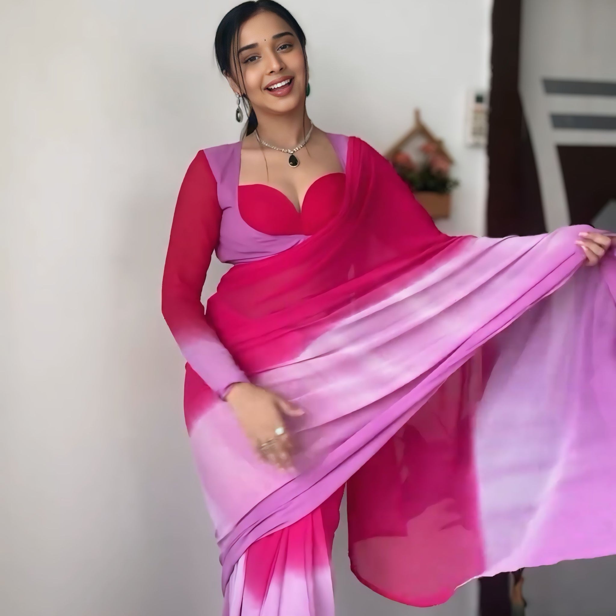 Pink To Lavender Georgette ombre design Ready To Wear Saree With Unstitched Blouse