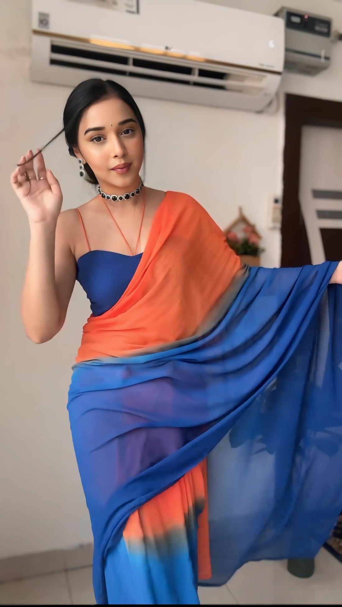 Orange and Blue Georgette ombre design Ready To Wear Saree With Unstitched Blouse