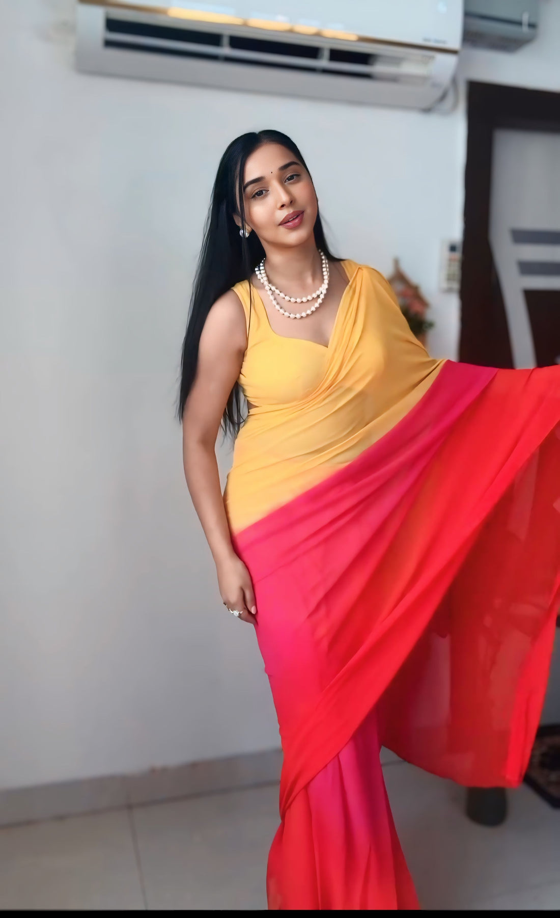Yellow-to-pink Ombre Gradient Georgette Ready To Wear Saree With Unstitched Blouse
