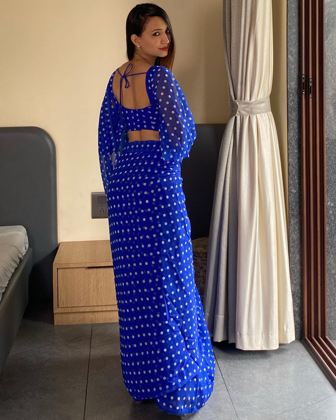 Royal Blue Georgette White Polka Dot Design Ready To Wear Saree With Unstitched Blouse