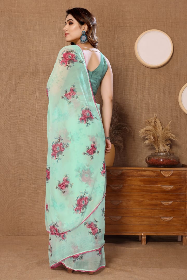 Light Sea Green Georgette Floral Rose Prints Pink Lace Border Ready To Wear Saree  With Unstitched Blouse