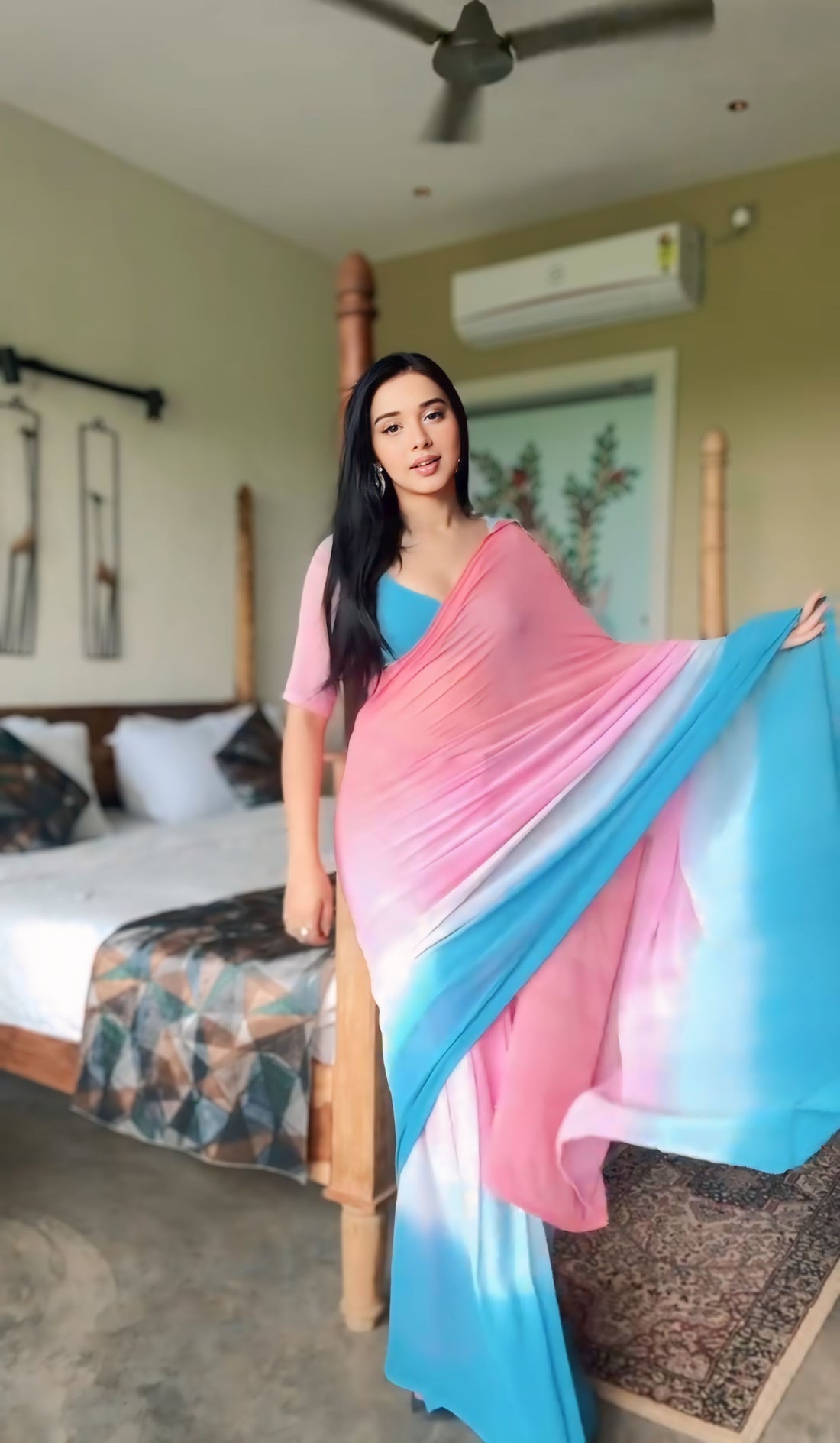 Pink And Sky Blue Georgette Soft Ombre Blend Ready To Wear Saree With Unstitched Blouse