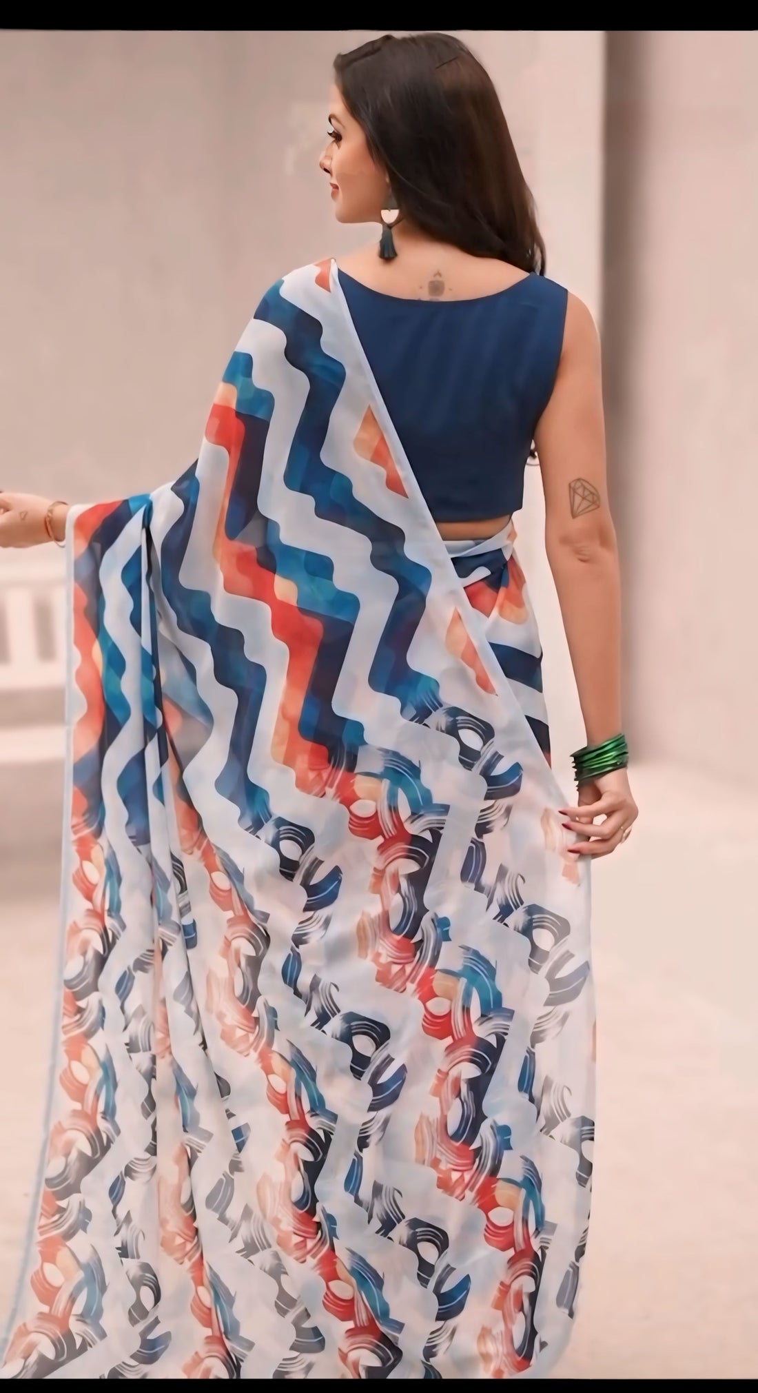 Multicolor Chevron Print In Shades Of Blue, Red, And White Georgette Ready To Wear Saree With Unstitched Blouse