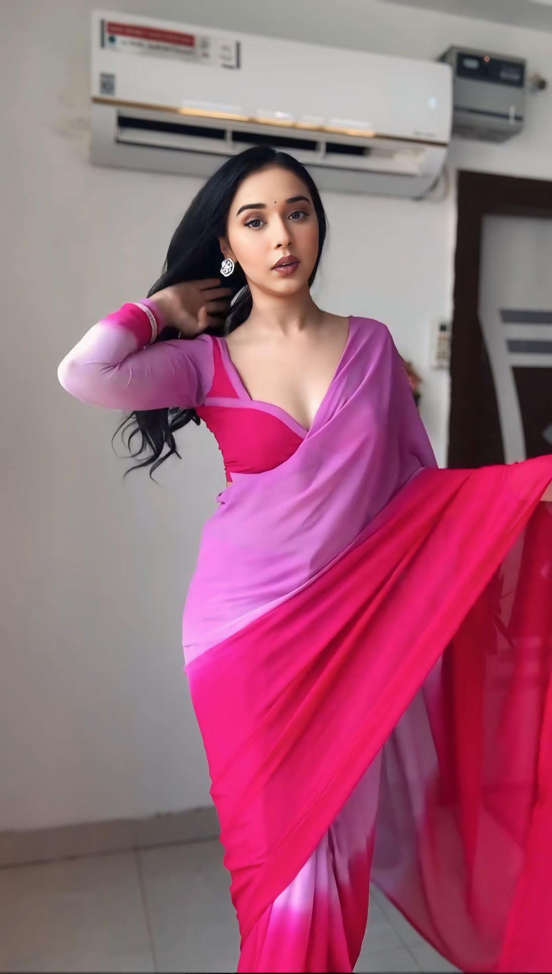 Pink And Magenta Ombre Blend Georgette Ready To Wear Saree With Unstitched Blouse
