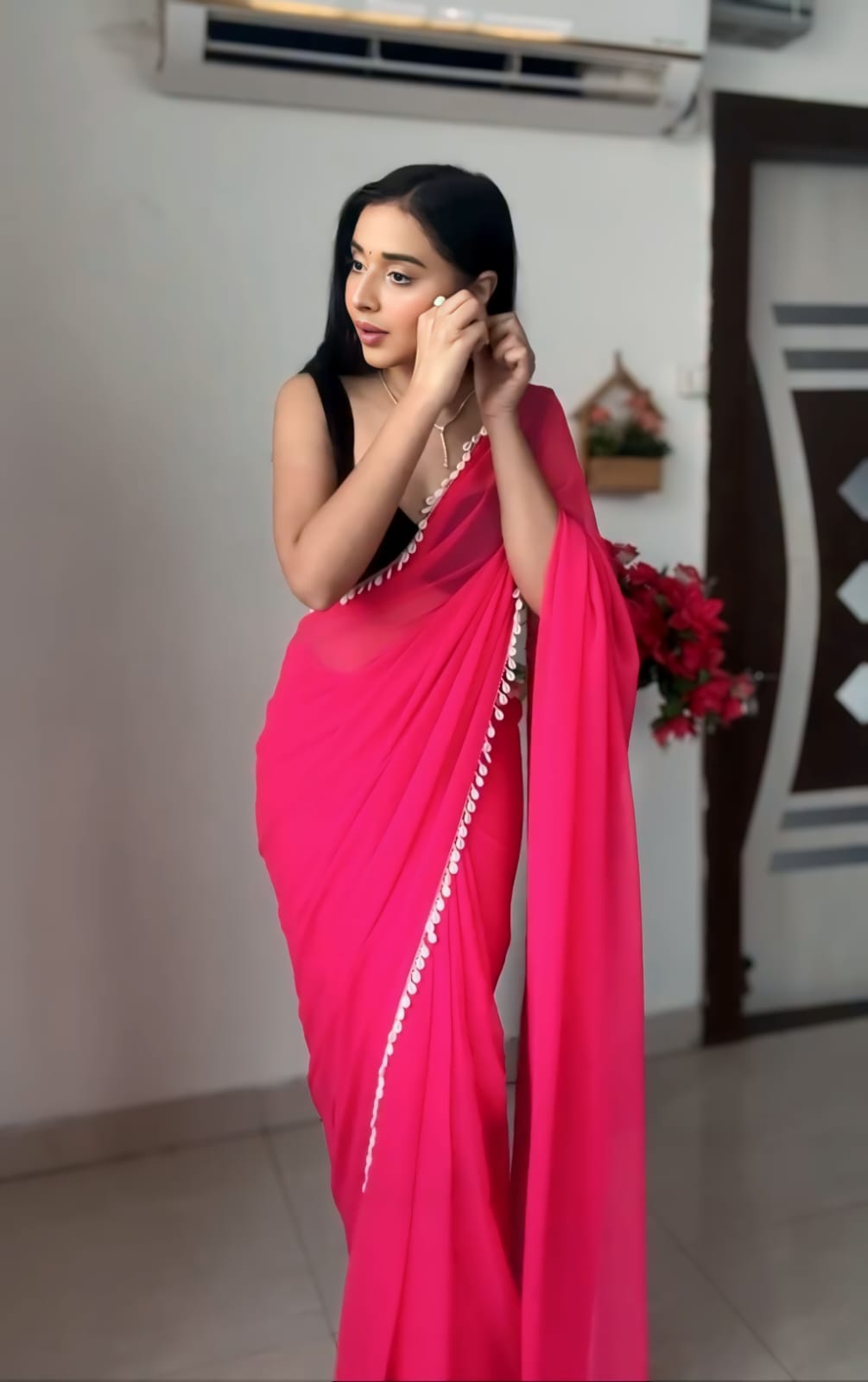 Hot Pink Color Border Solid Design Georgette Ready To Wear Saree With Unstitched Blouse