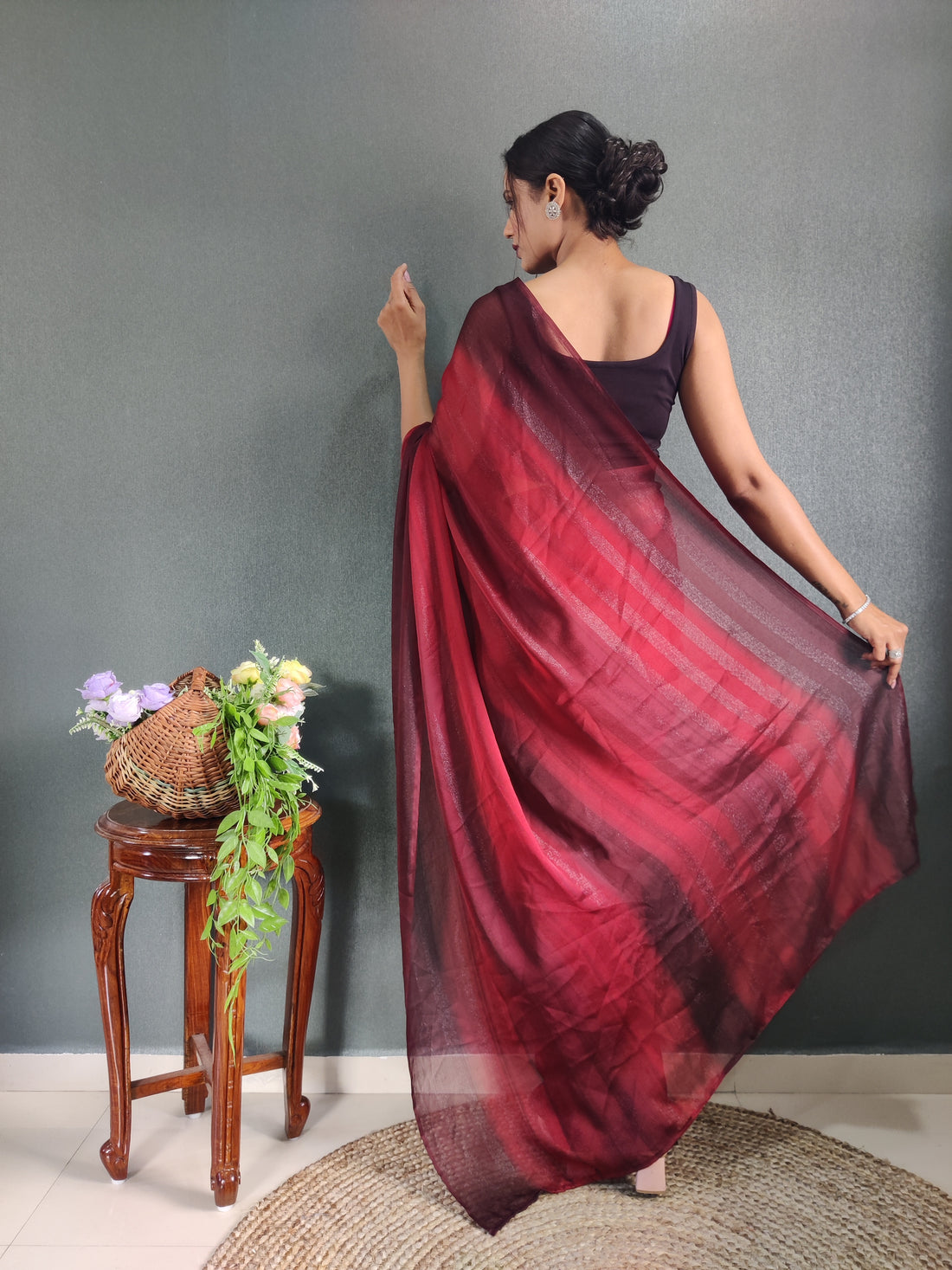 Wine Red To Deep Maroon Georgette Soft 'Ombre Pattern Ready To Wear Saree With Unstitched Blouse