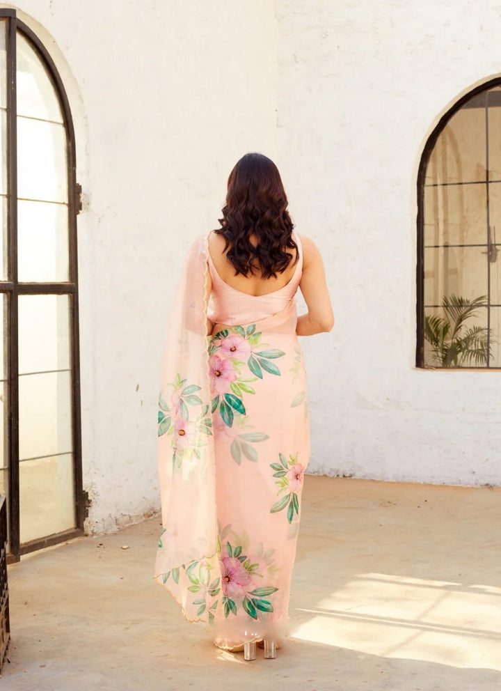Peach Color Organza Saree Botanical Print Scalloped Golden Border Design Ready To Wear Saree With Stitched Blouse