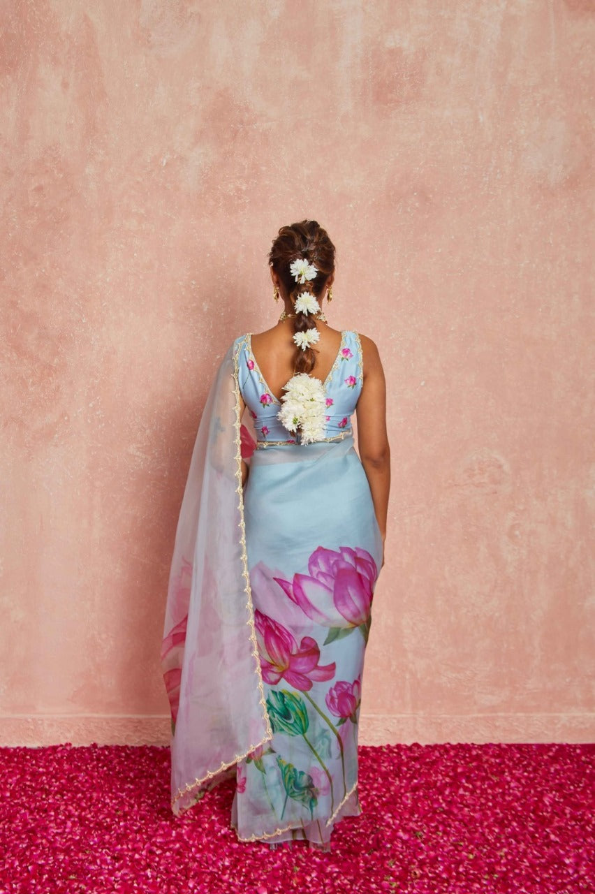 Sky Blue Color Organza Vibrant Multi-colored Lotus Prints Ready To Wear Saree With Stitched Blouse
