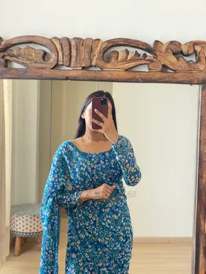 Blue Georgette Floral Print Ready To Wear Saree With Unstitched Blouse