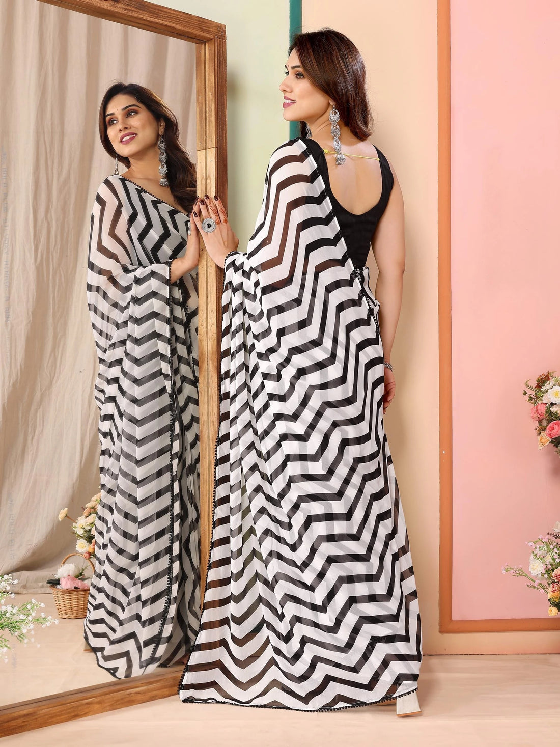 Black And White Stripes Georgette Ready To Wear Saree With Unstitched Blouse